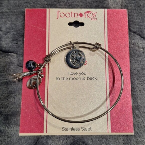 NWT Footnotes Too Stainless Steel Bangle Bracelet With Charms "I Love You To The - Picture 1 of 5